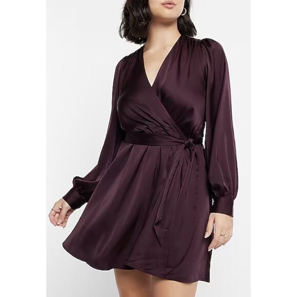 EXPRESS Satin Merlot Brown Long Puff Sleeve Faux Wrap Tie Mini Dress - Picture 5 of 13